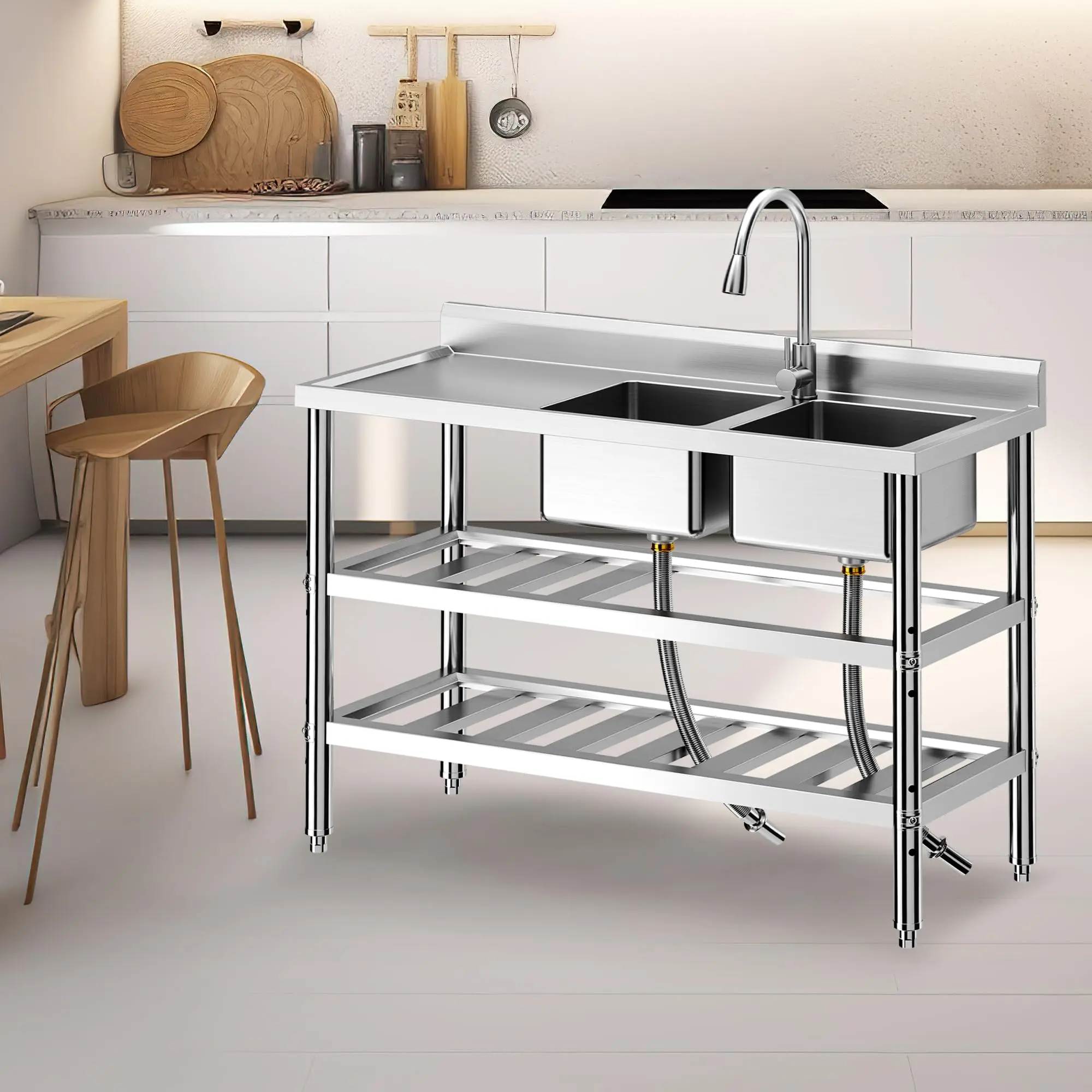 Garvee Stainless Steel Double Bowl Laundry Sink with Pull-Out Faucet and Hot/Cold Water Pipes, NSF Certified for Commercial Kitchen, Laundry, Bar, Garage, and Backyard Use, Dimensions 39"x18"x40"
