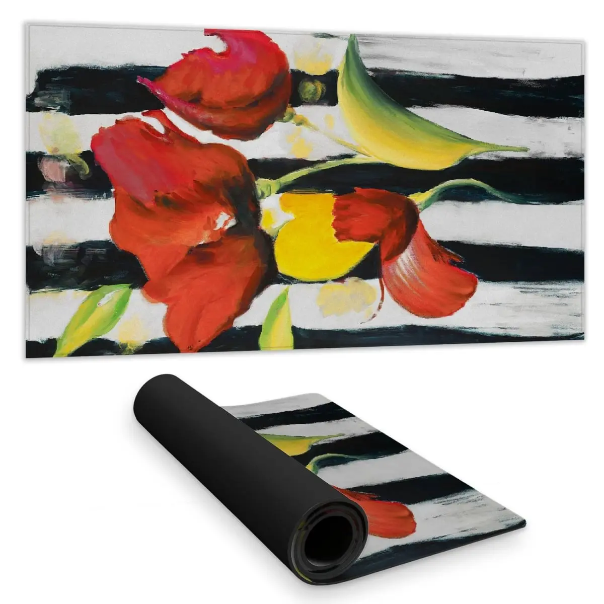 16x32 in Rectangular Office Desk Protection Mat (Model C1DM1531KHYKT0) - 360 Stand, Botanical Contemporary Style, Red Flowers on Stripes Design, High-Quality Materials, Rubber Back, Desk Accessories for Creative Workspaces