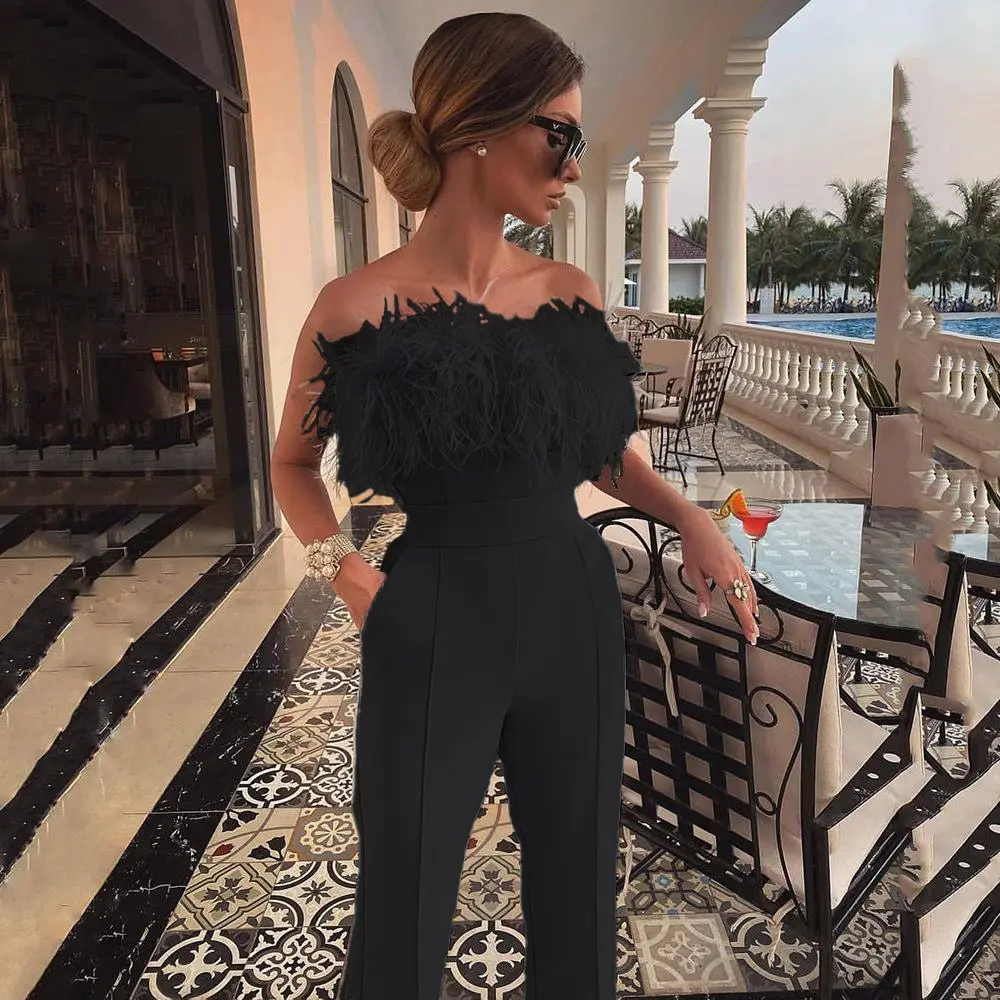 2025 Spring and Summer Women's Feather Tube Top Solid Color Pants One Shoulder Backless Sexy Jumpsuit