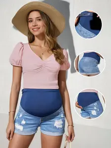 Light Wash Blue Pregnant Jeans Shorts, Ripped Denim Bottoms, Mid-Waist Elastic Waistband, Loose Fit Casual Style, Comforting and Slimming
