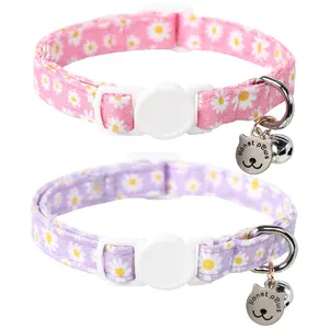 Lionet Paws 2-Pack Spring Summer Cat Collars - Adjustable Daisy Pattern with Breakaway Buckle & Pendant (Unisex) Cute Handmade Cowtag Walking Harness