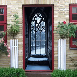 2pcs Gothic Church Stained Glass Window Wall Sticker Vintage Carved Art Decal Medieval Architecture Style Self Adhesive Removable Decor for Living Room Bedroom Window Display Winter Snow Scene Home Dec