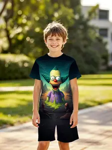 Boys' 3D Simpsons Krusty Clown Theme Short Sleeve Set, Casual Summer, Perfect for Outdoor Activities, Holiday Gifts, Birthday Presents