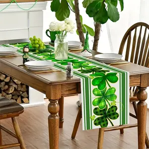 St Patrick's Day Decorative Table Runner, Striped Clover Pattern, Shamrock Motif, Durable Polyester Fiber, Festive Theme, Easy Maintenance, Perfect for Party Setup and Photography Props