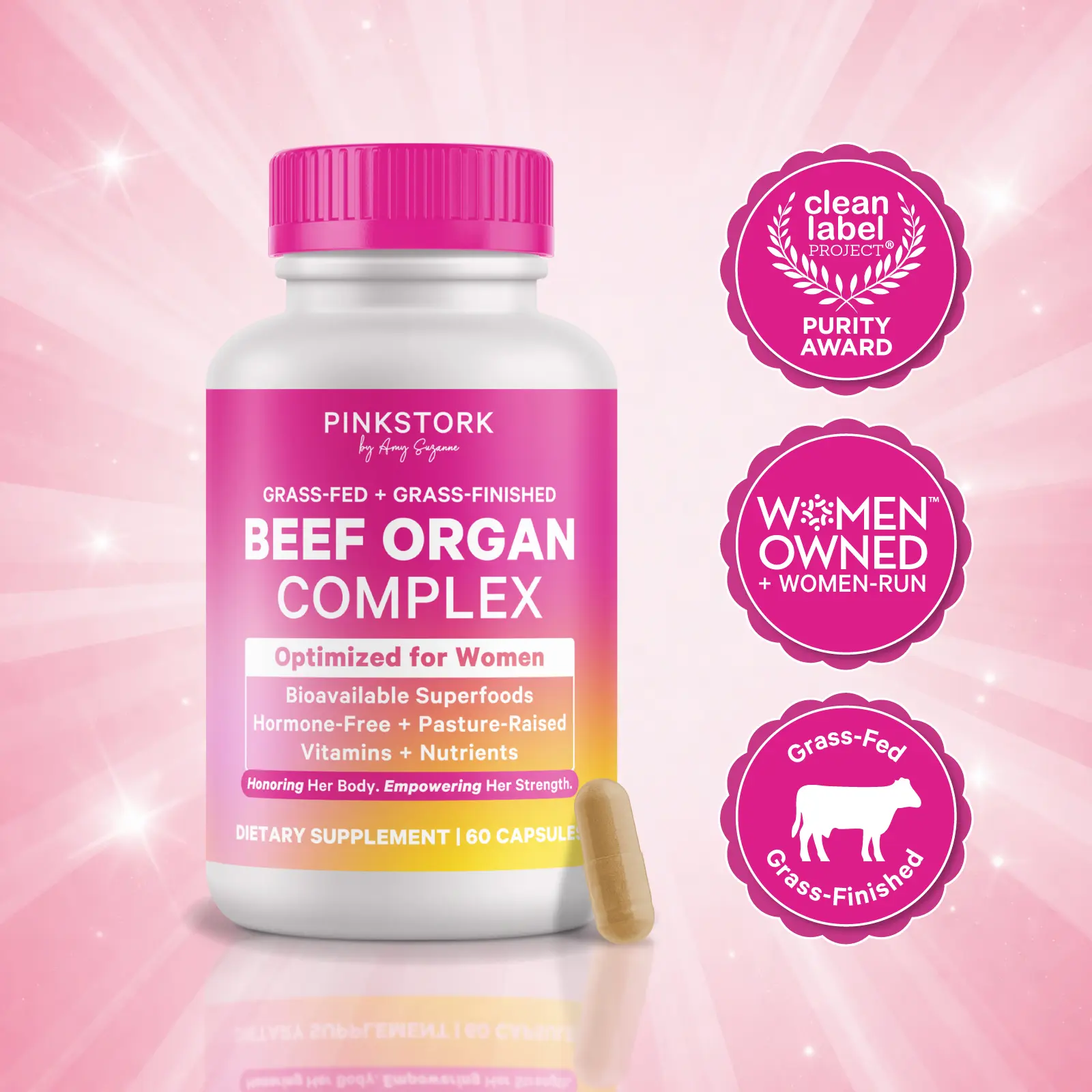 Pink Stork Beef Organ Supplement for Women | Clean Label Primal Bioavailable Multivitamin | Liver, Heart, Ovary, Kidney, Uterus | Grass-Fed | Iron B12 CoQ10 Vitamin A Zinc | Skin + Nail Support | Hormone + Energy | 60 Capsules | Optimum Dietary
