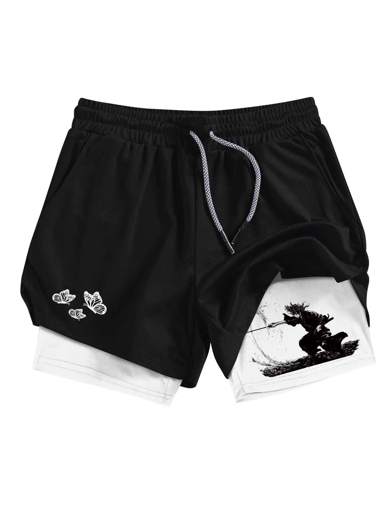 Butterfly Samurai Print 2-in-1 Gym Shorts for Men, Summer Quick Dry Breathable Performance Shorts, Fitness Workout Running Shorts with Phone Pocket Zipper Pocket Towel Loop, Streetwear Sports Shorts, Drawstring Sports Shorts