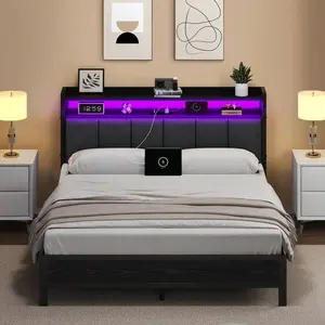 Upholstered Bed Frame With Charging Station, LED Bed Frame With Storage Headboard, Metal Platform Bed Frame With Heavy Duty Metal Slats, No Box Spring Needed, Easy Assembly, Black/ White/ Beige, Twin/ Full/ Queen/ King
