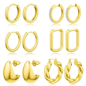 Greenish Spring Jewelry 6 pairs of electroplated thick hoop earrings set for women hypoallergenic thick open fall geometric hoop earrings set for birthday/Christmas gifts