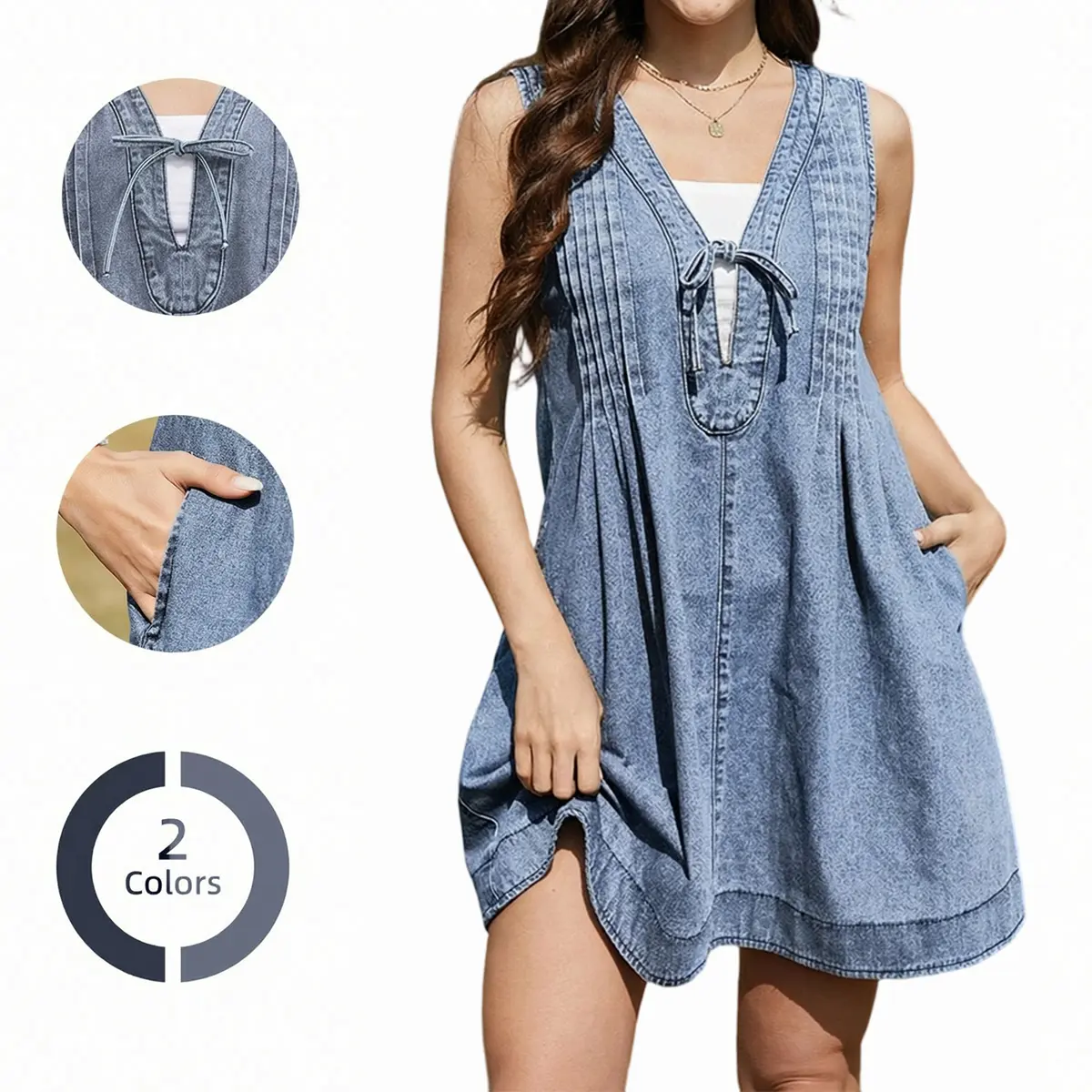 Chicovar Women's V Neck Denim Dress Sleeveless Tie Front Pleated Mini Dress Loose Fit Casual Jean Babydoll Dress with Pockets, Summervibes