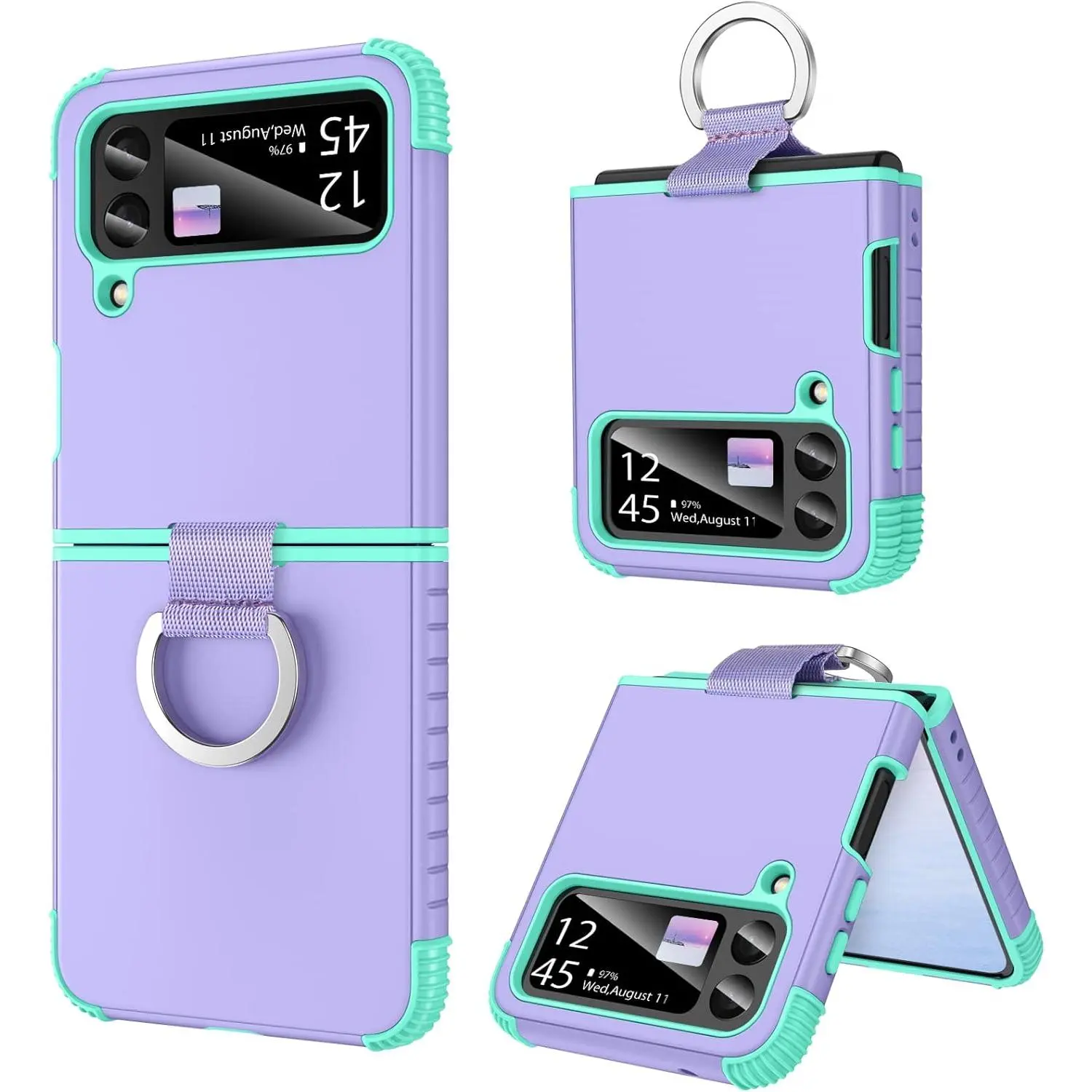 F-PCS36 Portable Handheld Wireless Smartphone Case for Samsung Galaxy Z Flip 4 5G, Heavy-Duty 2-in-1 Full Body Rugged Shockproof Cover with Ring for Women, Purple/Mint, Cellphone