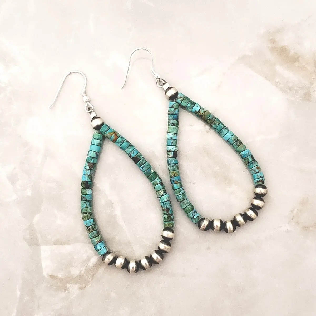 Desert Pearls & Blue Turquoise Heishi Tear Drop Dangle Earrings Sterling Silver