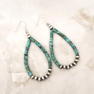 Desert Pearls & Blue Turquoise Heishi Tear Drop Dangle Earrings Sterling Silver