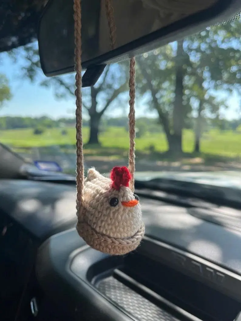 Crochet Chicken on a swing car mirror hanger, rearview mirror hanger chicken, unique gifts, farm decor, car accessories