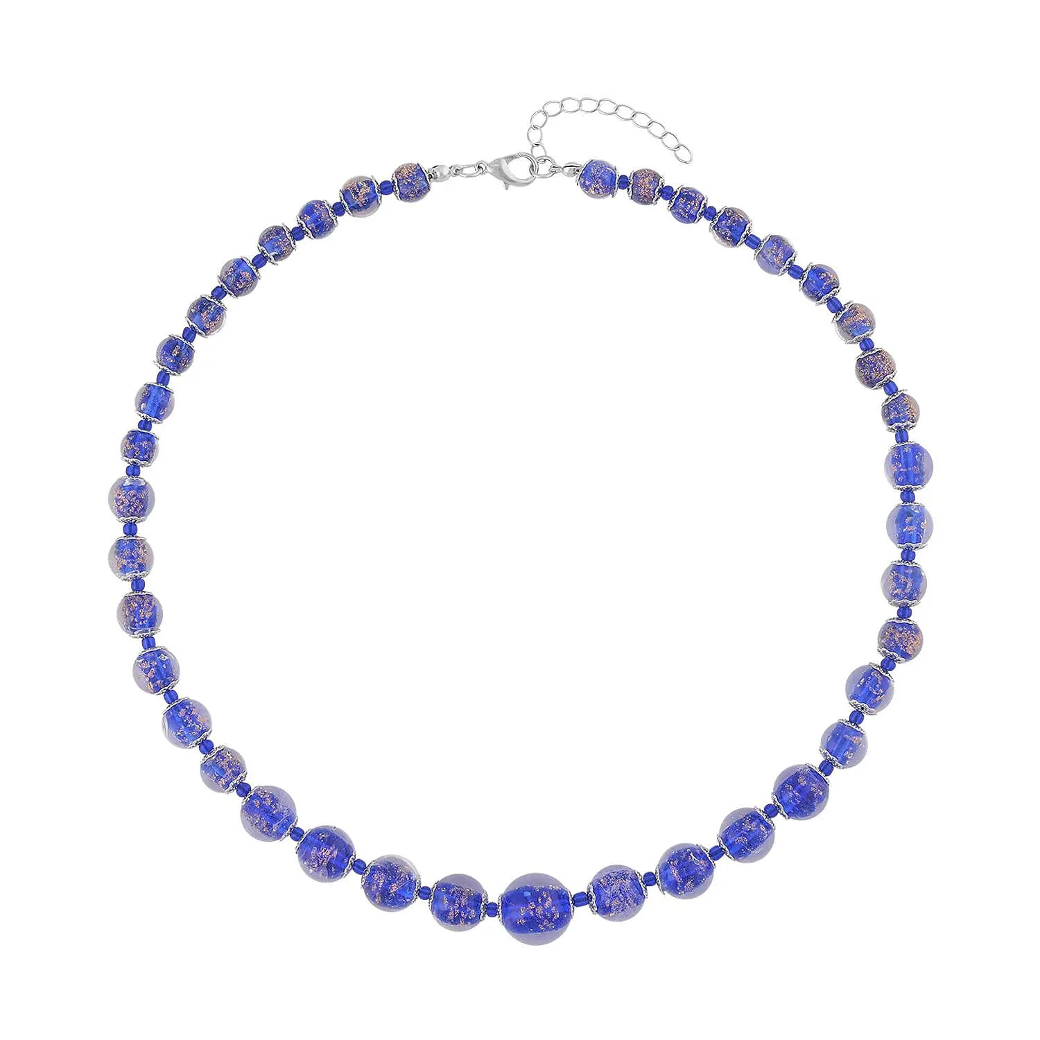 Blue Color Murano Glass Beaded Necklace 20-22 Inches in Silvertone