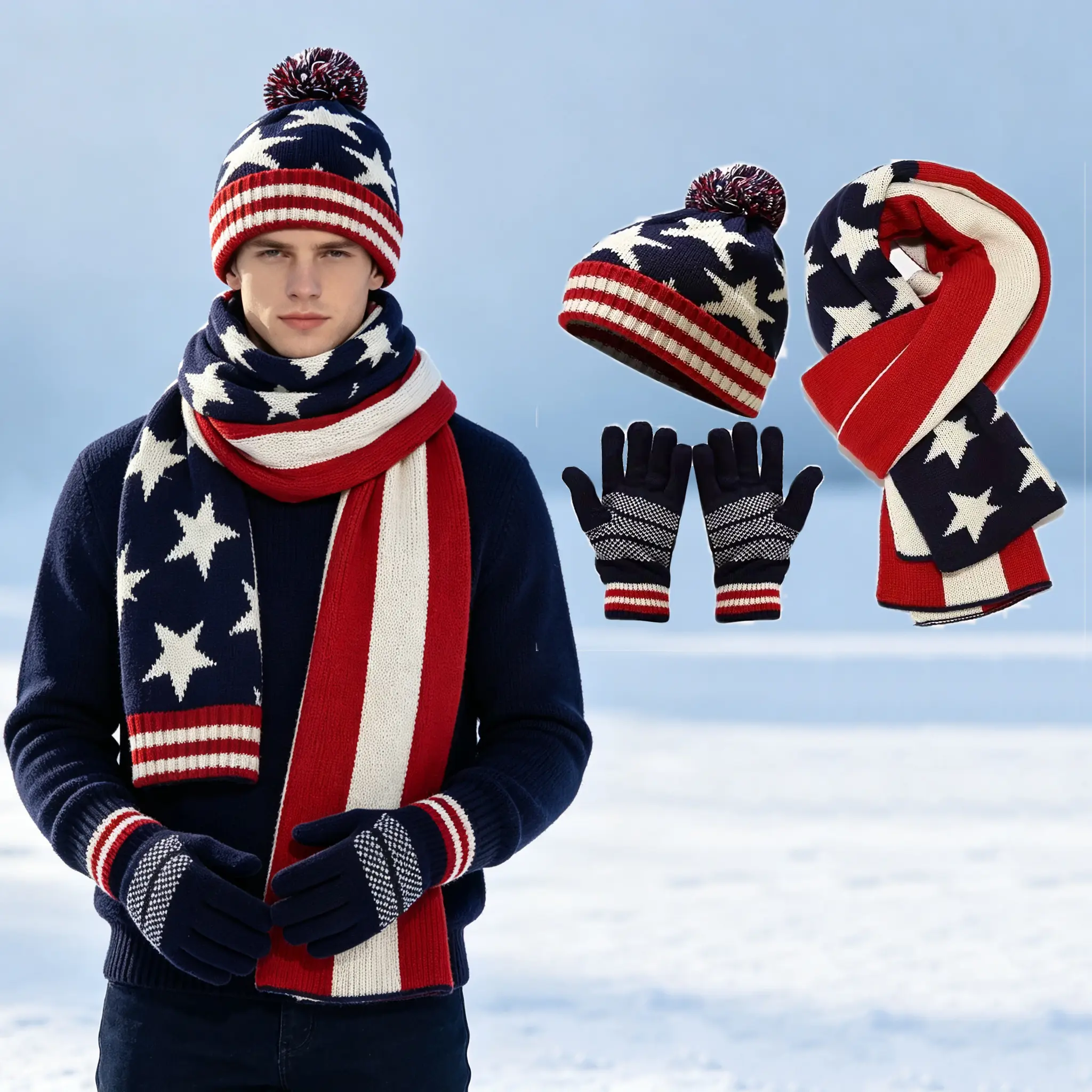 Unisex USA Flag Star Stripes 3-Pieces Winter Set - Warm Knit Pom Pom Beanie, Scarf, Touch Screen Gloves for Outdoor Ski, Driving, Cold Weather Gift