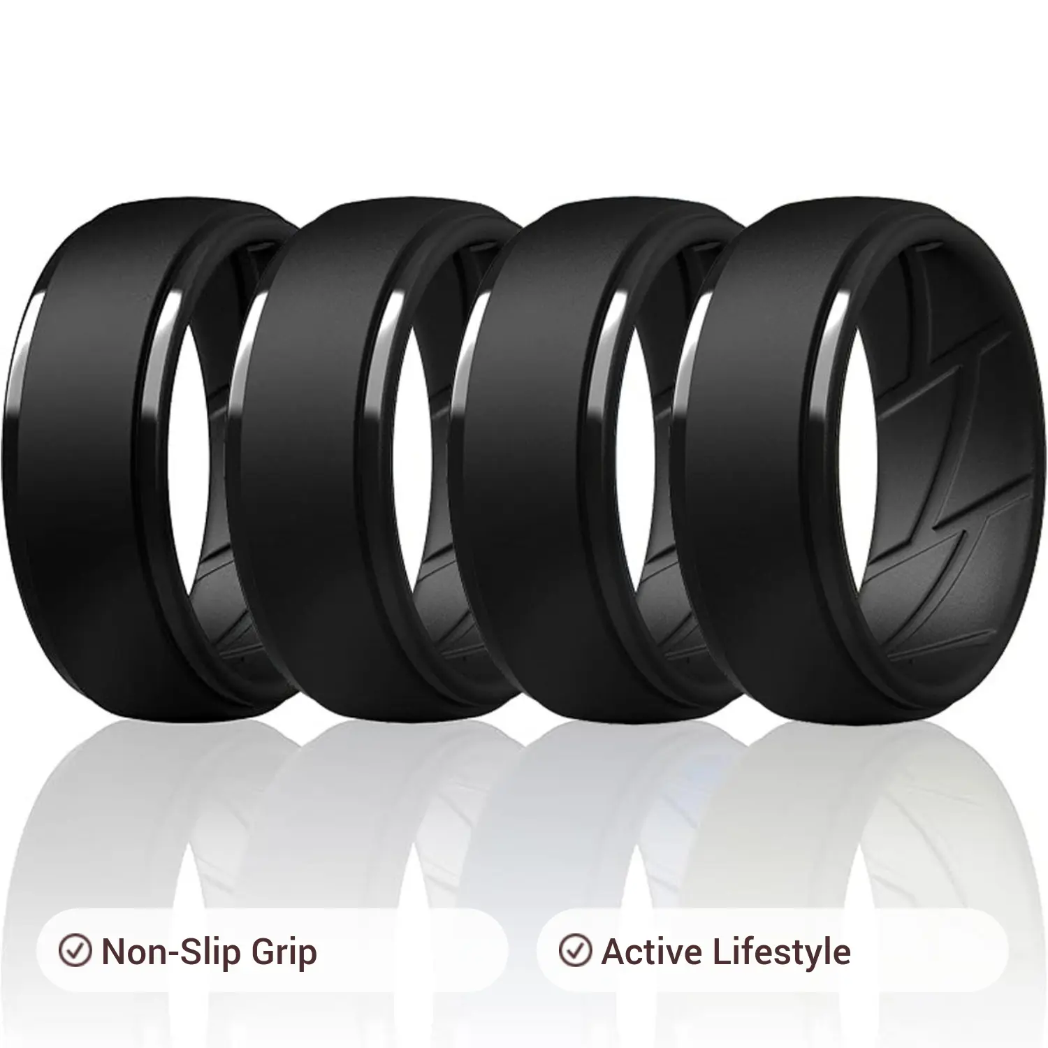 Male 4-Pack Black Silicone Wedding Bands - Textured Grip, Step Design, Non-Slip, Comfort Fit Ring Set for Active Lifestyle, Casual Everyday Wear, Anniversary Gift For Him