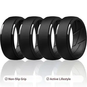 Male 4-Pack Black Silicone Wedding Bands - Textured Grip, Step Design, Non-Slip, Comfort Fit Ring Set for Active Lifestyle, Casual Everyday Wear, Anniversary Gift For Him