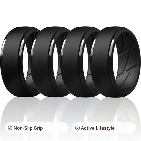 Male 4-Pack Black Silicone Wedding Bands - Textured Grip, Step Design, Non-Slip, Comfort Fit Ring Set for Active Lifestyle, Casual Everyday Wear, Anniversary Gift For Him