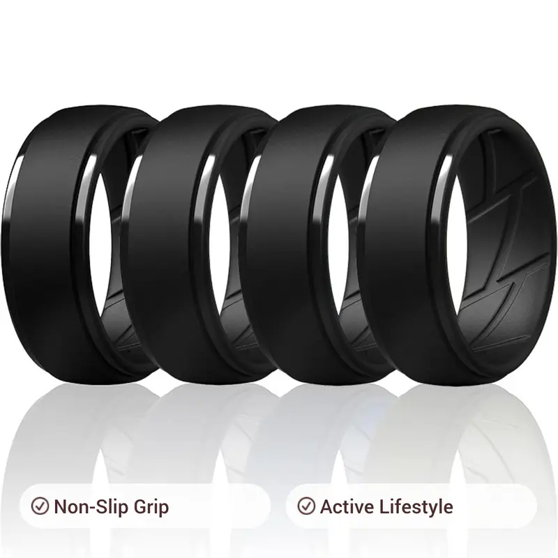 Male 4-Pack Black Silicone Wedding Bands - Textured Grip, Step Design, Non-Slip, Comfort Fit Ring Set for Active Lifestyle, Casual Everyday Wear, Anniversary Gift For Him