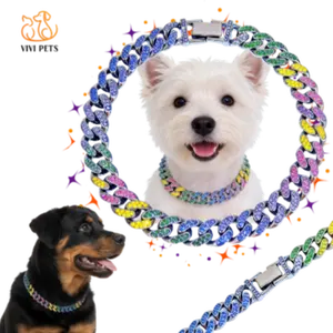 Multi-Color Cuban Chain Collar - Colorful Rhinestone Inlay with Blind Box Color Scheme, Edgy & Glittering Accessory for All Dog Sizes, Perfect for Parties and Street Style