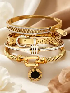 4-piece set of elegant and fashionable jewelry gifts, stainless steel women's bracelet inlaid with zircon, banquet party jewelry bracelet, holiday gift, Trendy Stack Bangle