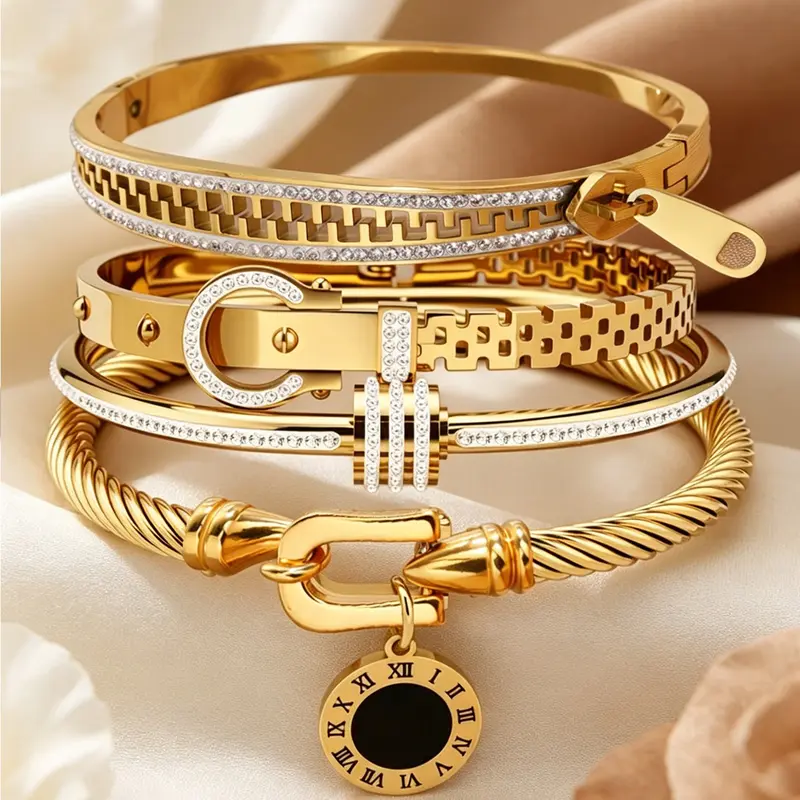4-Piece Stainless Steel for Women, Cubic Zirconia Stackable, Layered Bracelet Set, Trendy Jewelry for Party & Formal Wear, Holiday Gift