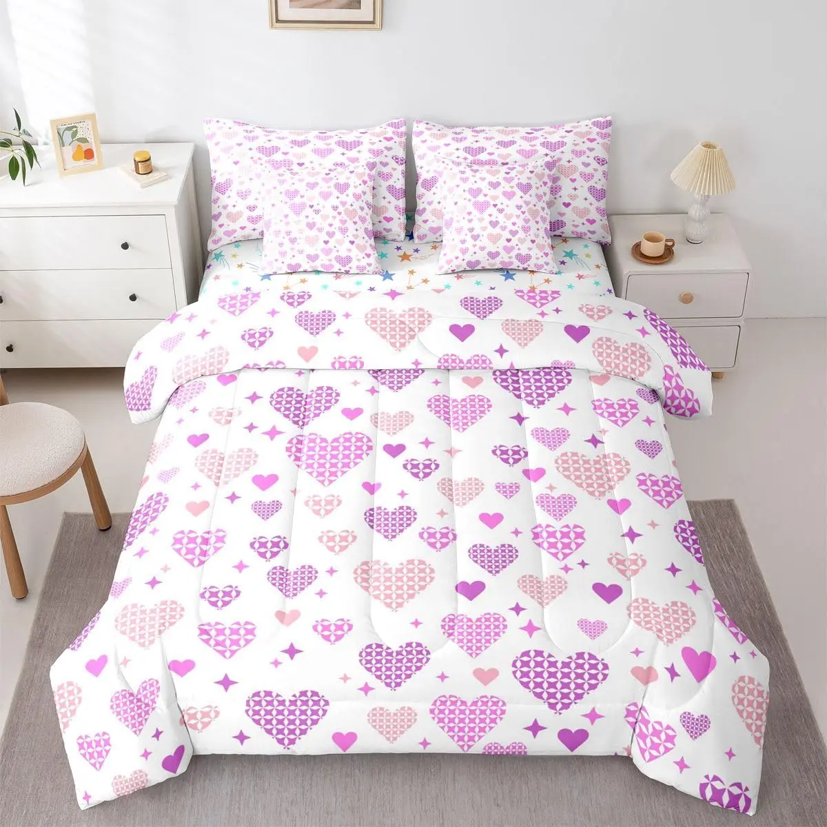 Love and Heart 7 Piece Comforter Set Cute Heart Pattern Bed in A Bag Pink Purple Valentine Bedding Sets Love Geometric Sheet Set with Comforter