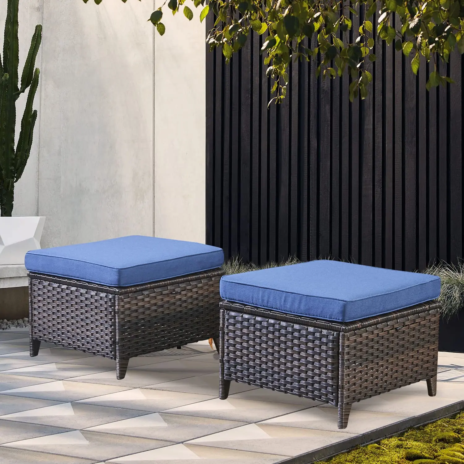 Belord 2-Piece Wicker Outdoor Ottoman Set, 250Lbs Weight Capacity, Olefin Cushioned Outdoor Ottoman Set, NTC Series			 			 			