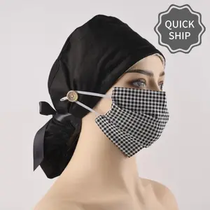 Black Surgical Cap Women,w/Buttons,Black Nurse,Doctor Hats ,Nurses Week Gift,Women Long Hair