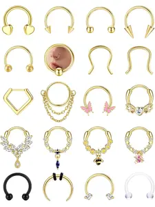 20Pcs Gold Septum Rings 16G Small Septum Jewelry Steel Septum Clicker Dangle Nose Rings Hoops for Women Men Cute Star Bee CZ Heart Butterfly Chain Septum Rings Septum Piercing Jewelry Spiral Nose Ring
