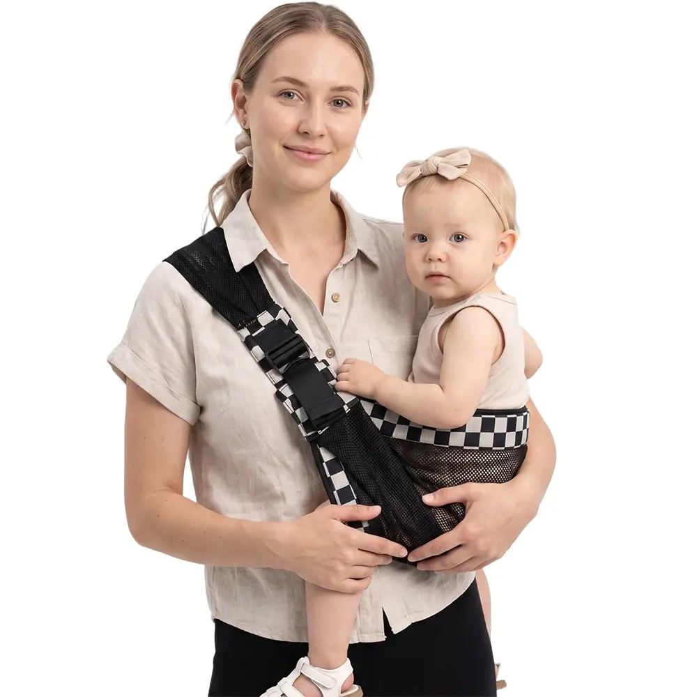 Unisex Cotton Mesh Baby Sling Carrier - Lightweight, Quick-Dry, All-Season, Jacquard Weave, Foldable with Hidden Compact Folding Pocket, Retro Check Design