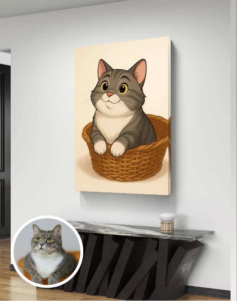 M-10055 Personalized Pet Art Print - Adorable Cat in Basket Wall Decor for Room Decoration & Photo Ornaments