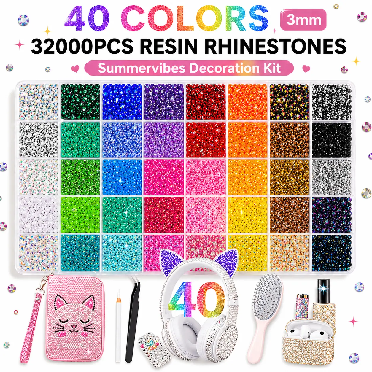 VIBRANT GEMS 32000Pcs Resin Rhinestones with Tweezers for Crafting Mixed-Color 3mm BedazzlingCrystal with Gifted Tools Jewelry for DIY Crafts ClothingTumblers Shoes Fabric Nail Art Colorful