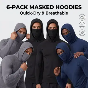 6-piece set men's outdoor work sun protection clothing with sun-blocking hoodie, featuring built-in face mask and neck guard, breathable long-sleeve hoodie