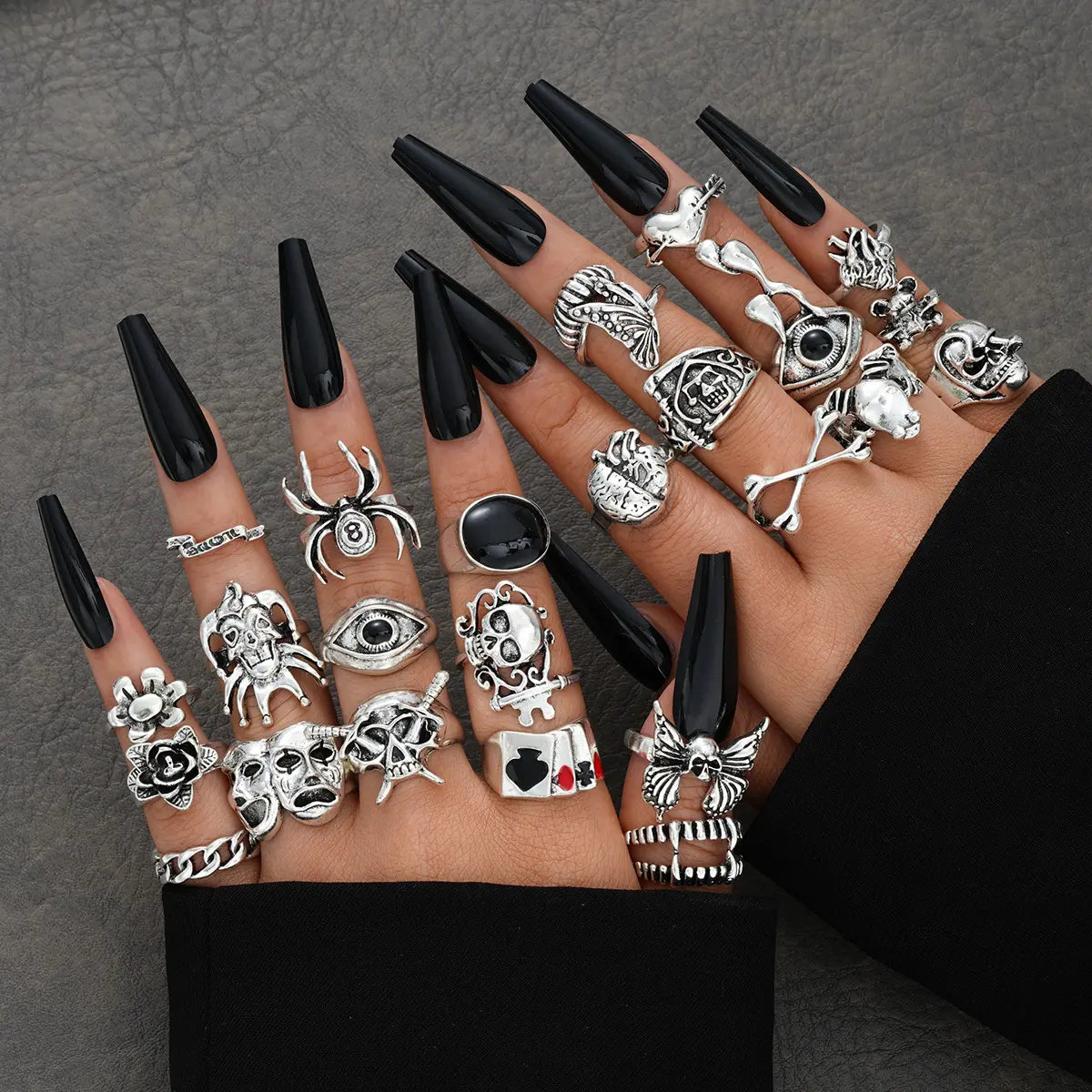 20PCS Unisex Gothic Vintage Adjustable Ring Set - Punk Skull, Spider, Heart, Eye Designs - Costume Fashion Jewelry Rings for Parties, Mix-and-Match