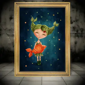 Whimsical Pisces Zodiac Canvas Art - Enchanting Girl and Fish Illustration, Modern Creative Wall Decor for Home, Bedroom, Kitchen, Living Room, Bathroom, Hotel, Cafe, Office - Unframed 30.48x40.64 cm Poster, Home Wall Decor | Whimsical Design | Imaginativ