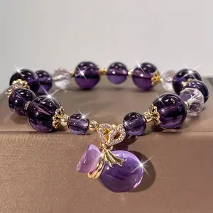 [Lucky Fortune Bracelet]Natural Lucky Fortune Beaded Bracelet Elegant Vintage Amethyst Bead Bracelets, Featuring Gold-Toned Zirconia Pendant – Bohemian Style, Perfect for Parties Or Gifts, Women'S Fashion Accessories,Female Fortune Bag Pendant String