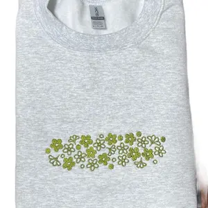 Vintage Glass Bowl Crazy Daisy/Spring Blossom Pattern Embroidered Sweatshirt