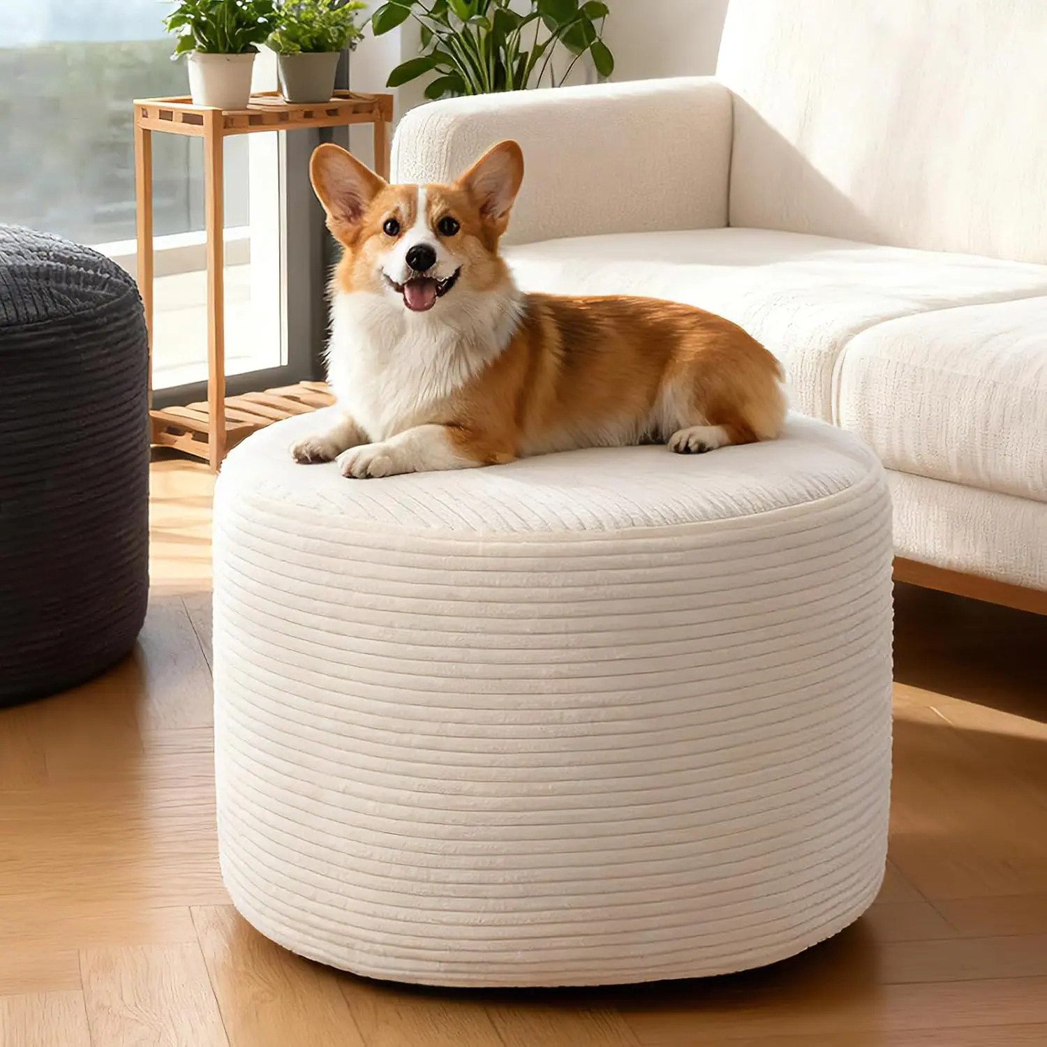 Round corduroy footstool, suitable for use with a sofa | Soft and fluffy foam-filled cushion, ideal as a footstool in the living room.