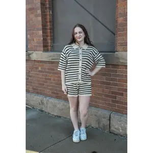 Samantha Striped Sweater Set - Soft Knit Half Sleeve Top & Above the Knee Shorts - Casual Chic Women's Outfit for Summer Matching Clothing - Bottoms Womenswear Collared Suits Gamis