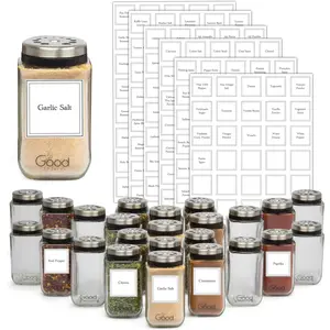 Adjustable Glass Spice Jars (Set of 24) w Preprinted Labels- 240 Stickers Includes 24 Blanks- Removable Decals- Seasoning Shaker