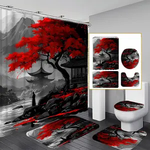 1/3/4PCS Chinese Maple Tree Shower Curtain Set, 71x71 Inches, Includes Background Pattern, Comes with 12 Hooks, 1/3/4pcs Options