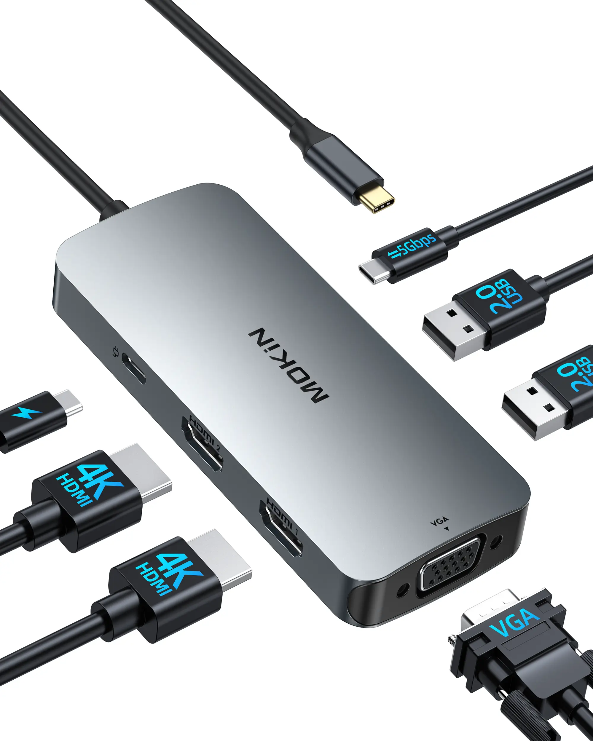 MOKiN 7 IN 1 USB-C Docking Station with Dual HDMI, VGA, 2x USB, 100W Power Delivery for MacBooks