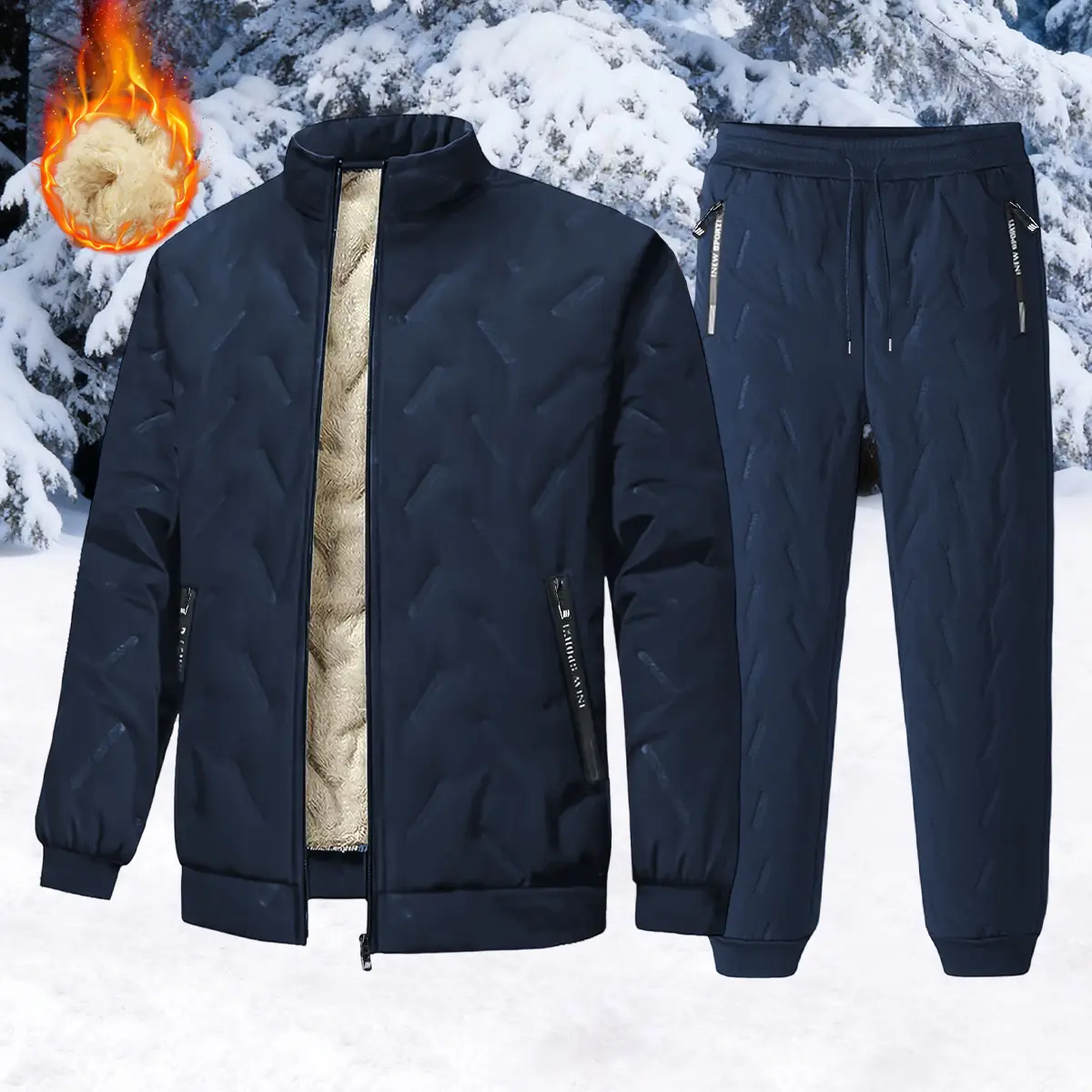 Men’s winter warm cotton clothing set—fleece style with a soft, comfortable lining, suitable for harsh winter weather; menswear, men’s sets, autumn/winter apparel
