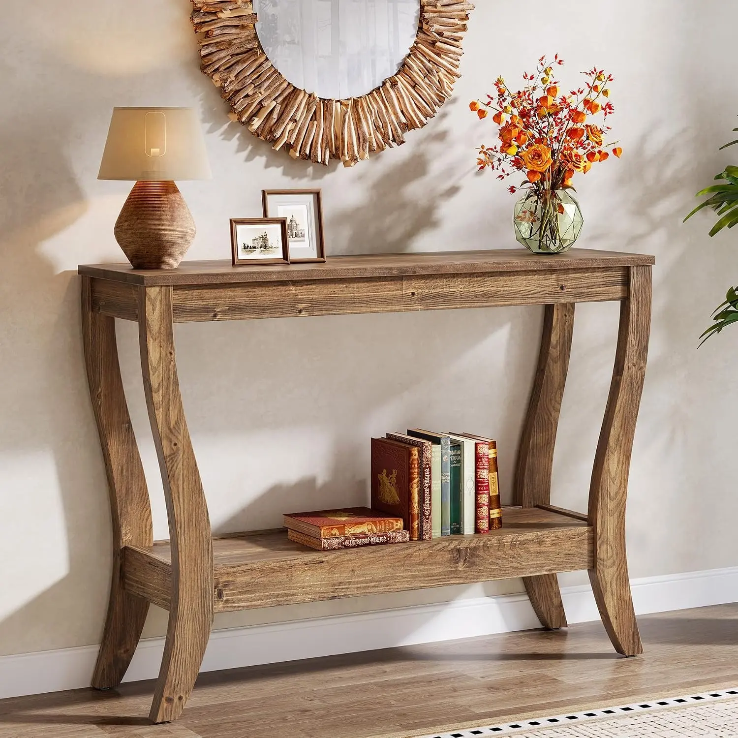 TRIBEWOOD 41.3 in Distressed Narrow 2-Tier Farmhouse Console Table with Storage Shelves, Easy Setup Rustic Walnut Brown Entryway Table, Real Wood Living Room Furniture, Natural Wood Home & Woodgrain Aesthetics