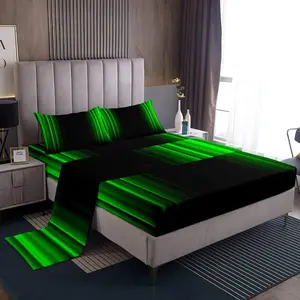 Feelyou Geometric Abstract Ombre Bed Sheet Set - Green and Black Striped, Simple Modern, Lightweight Breathable Bedding Collection