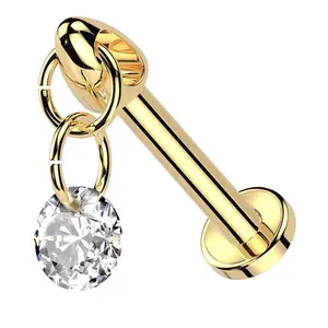 Gold PVD Dangle Clear CZ Charm Internally Threaded Titanium Labret
