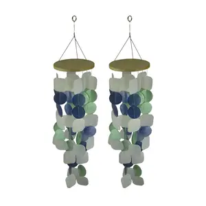 Set of 2 Blue & Green Capiz Wind Chimes - 26in Coastal for Soothing Tunes