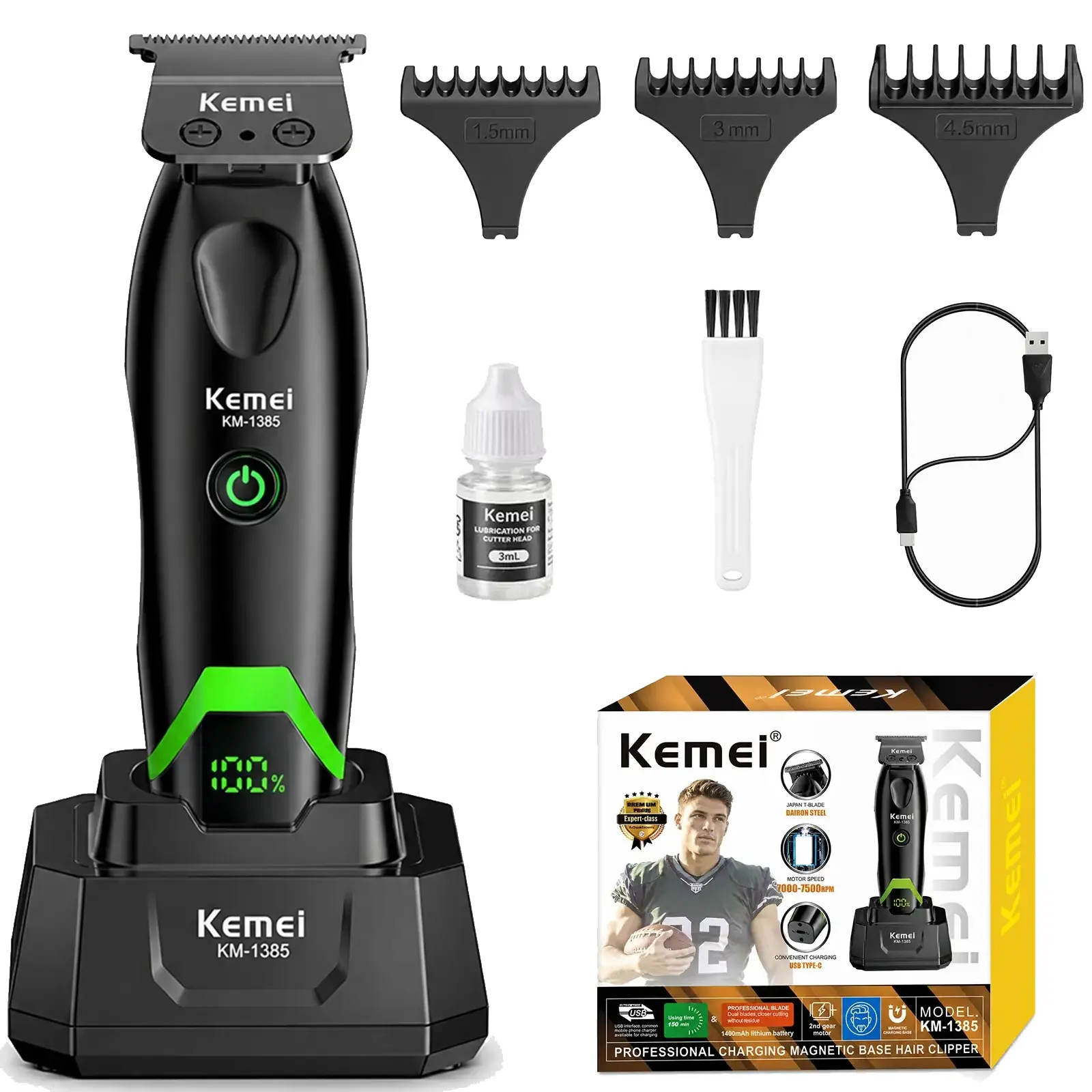 Kemei KM-1385 Professional Hair & Beard Trimmer for Men, Cordless T-Blade Clipper with LED Display, Rechargeable Grooming Kit