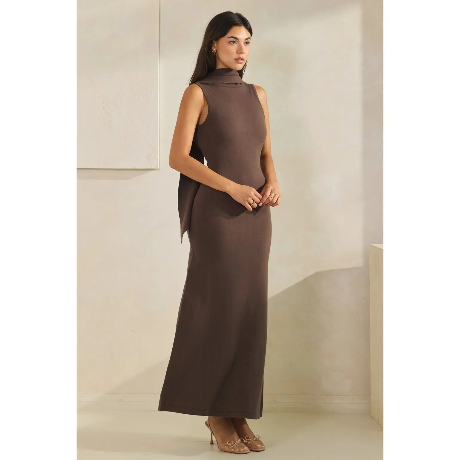 Madeline Scarf Backless Sweater Knit Maxi Dress
